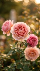 Naklejka premium Beautiful pink roses blooming in a garden with soft sunlight.