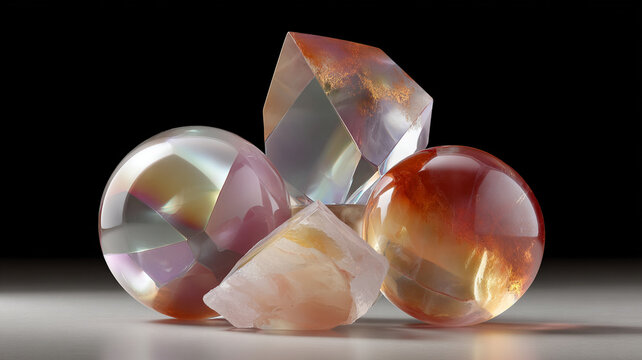 Interlocking polished geometric spheroid crystal and rough mineral arrangement with warm iridescent reflections and soft dramatic lighting