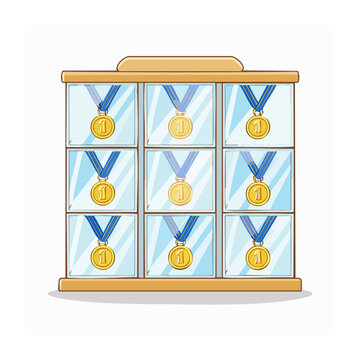 Trophy case displaying multiple gold medals for first place winners