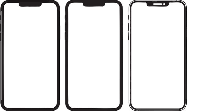Set of Three Smartphone Mockup Frames Isolated on Gray Background, Mobile Phone Vector Outline Template