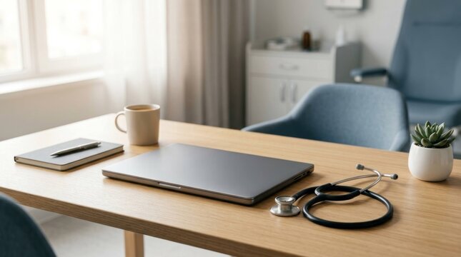 Modern Doctors Office with Laptop, Stethoscope, and Coffee Mug on Wooden Desk.