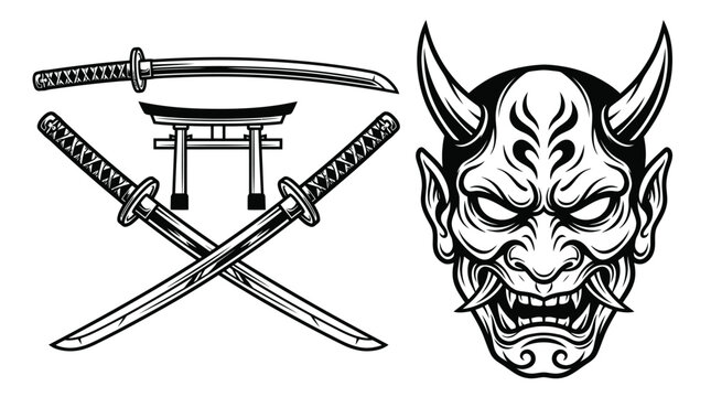 Japanese Swords Torii Gate And Oni Mask Vector Illustration On White Background
