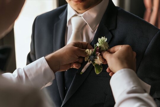 Best man helping groom with his boutonniere