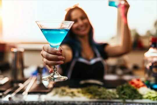 Friendly bartender serving a vibrant blue cocktail