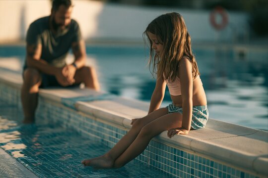 Pensive young girl sits by the swimming pool