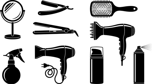 Professional Hair Styling Tools and Beauty Salon Equipment Silhouette Collection Featuring Mirror Hairdryer Comb Spray Bottle and Grooming Accessories