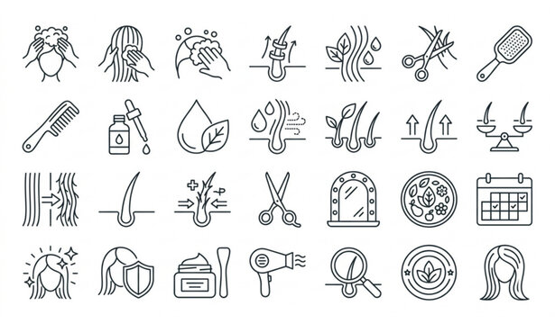 Modern Hair Care Linear Icons Featuring Conditioning Washing Strengthening and Healthy Scalp Concepts