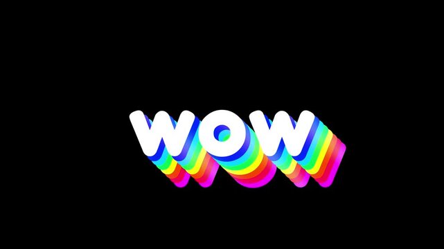 Wow word rendered in a white bold typography style features a vibrant rainbow colored drop shadow effect set against a solid black background creating a striking visual contrast for modern design.