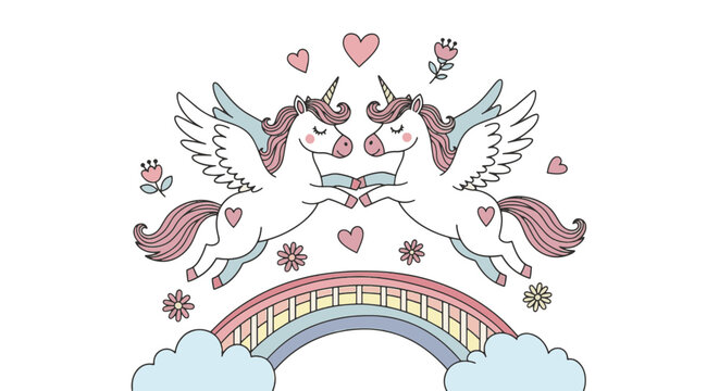 Two winged unicorns flying over a rainbow bridge with clouds, hearts, and flowers in a soft pastel hand-drawn children's illustration style on a white background.