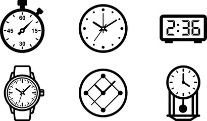 Fototapeta premium Timepiece and Clock Icon Collection Featuring Stopwatch Wall Clock Wristwatch Digital Display and Timing Concepts