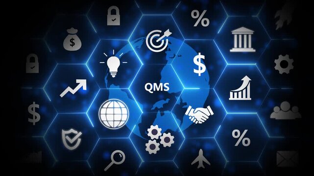 QMS concept. Quality management system business and industrial technology concept. Business, Technology, Internet and networking concept. 4k animated motion video. on black background.
