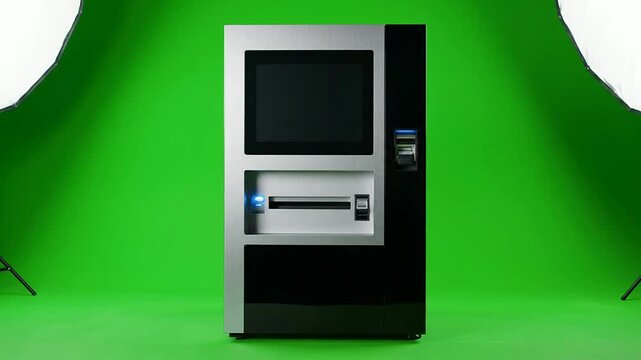 Modern Kiosk Vending Machine On Vibrant Green Screen Background Perfect For Digital Overlay And Business Applications