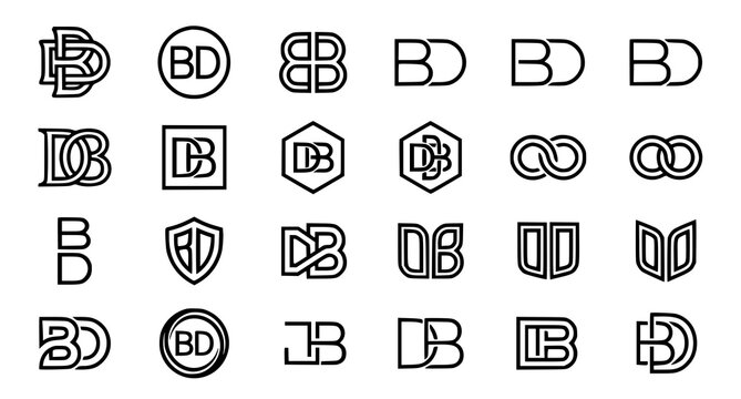 Collection of twenty black and white monogram logos featuring interlocking 'b' and 'd' letters