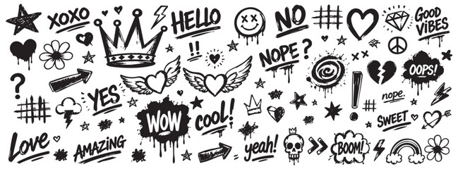 Collection of hand-drawn graffiti elements, including crowns, hearts, stars, arrows, and expressive words like WOW, COOL, and OOPS in a doodle style. © Zbrake Studio