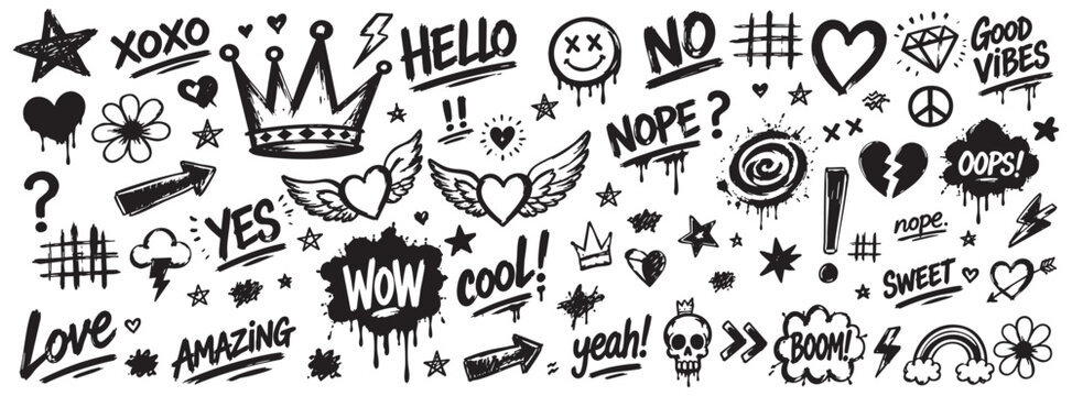 Collection of hand-drawn graffiti elements, including crowns, hearts, stars, arrows, and expressive words like WOW, COOL, and OOPS in a doodle style.