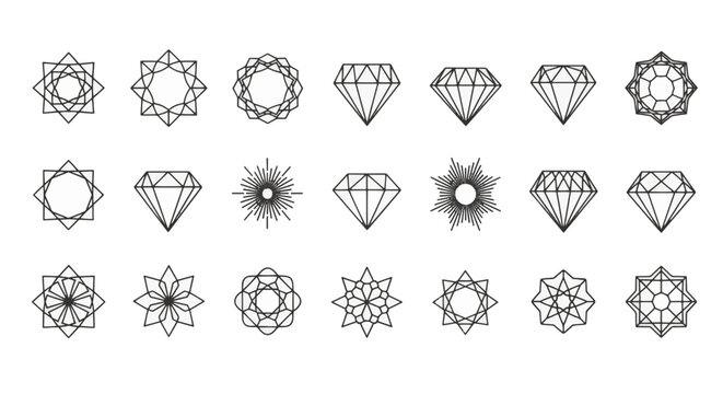 Minimalist linear icon set featuring various geometric diamond shapes, faceted gemstone silhouettes, symmetrical stars, and sunburst designs isolated on white background.