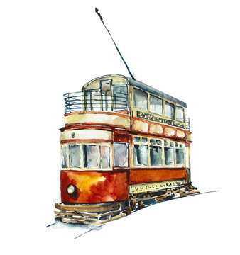 Double-decker red vintage tram. Bright colorful tram running on rails. Watercolor hand drawn illustration