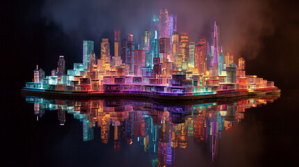 Fototapeta premium Neon-lit futuristic high-rise city cluster on raised platform reflected in still water at night with cinematic haze