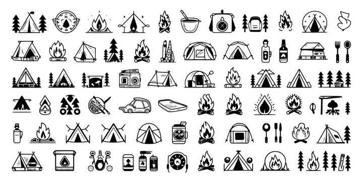 Camping Icons Set with Tents, Fires, and Outdoor Gear in Black and White Featuring Hiking, Nature, Adventure with Travel and Fire Pit Elements For