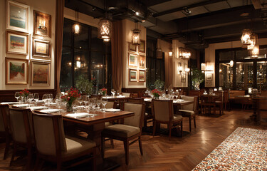 Fototapeta premium Interior view of a restaurant. Tables are set, art hangs on the wall, and the ambiance is warm. Night lighting enhances the scene
