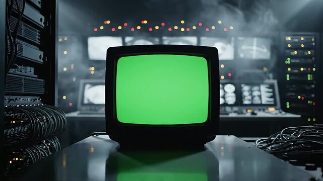 Old CRT Monitor Displaying Green Screen in Dimly Lit Vintage Control Room with Equipment and Cables for Filmmaking and Video Editing