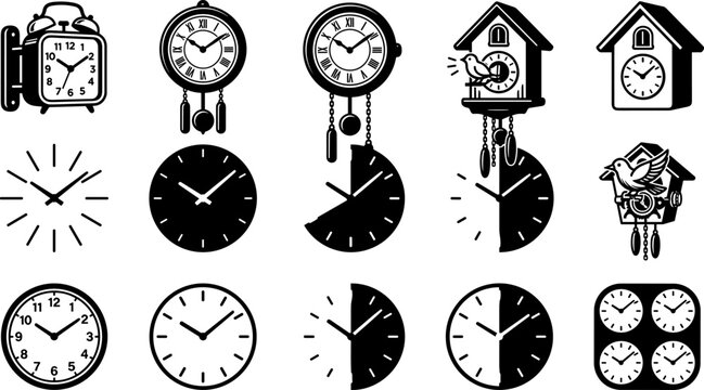 Vintage Wall Clock and Cuckoo Clock Icon Collection Featuring Timekeeping Symbols, Alarm Clocks, Analog Watches and Timer Designs