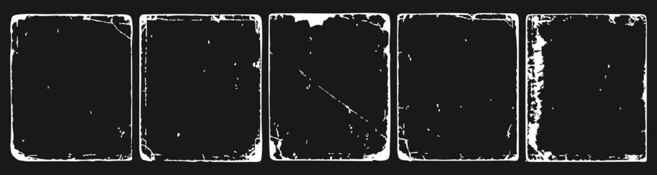 Collection of five weathered and distressed rectangular photo frames. Vector illustration featuring grunge textures, scratches, and worn edges.