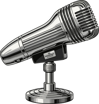 Vintage Studio Microphone Engraving Illustration Featuring Classic Broadcast Audio Equipment, Recording Technology and Professional Communication Design