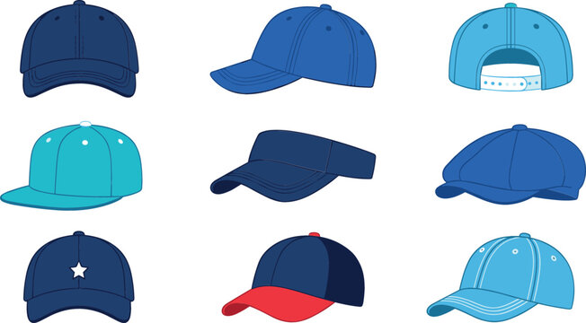 Baseball cap vector template collection featuring front side and back views of various hat styles like snapback visor and newsboy cap in blue shades