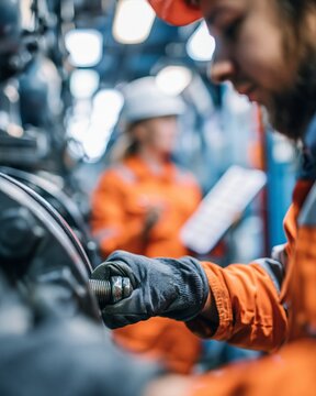 Closeup of gloved hands expertly tightening a valve in a brightly lit ship machinery bay with a female engineer reviewing a checklist on a clipboard in soft focus background.