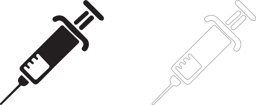 Medical syringe vector icon, vaccination injector symbol, space medicine, astronaut first aid kit and biological research.