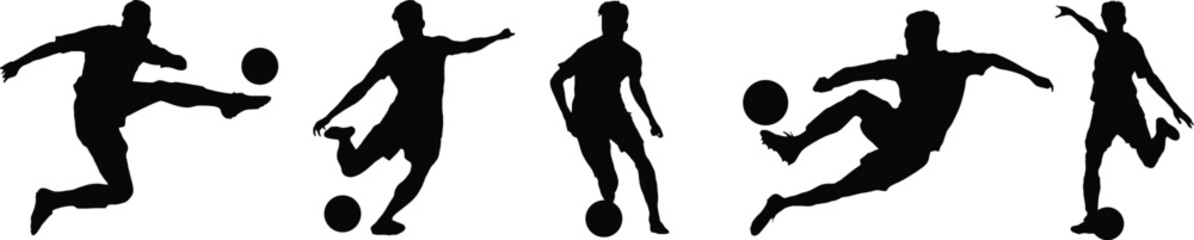 Obraz premium Soccer players silhouettes set, football player kicking ball vector