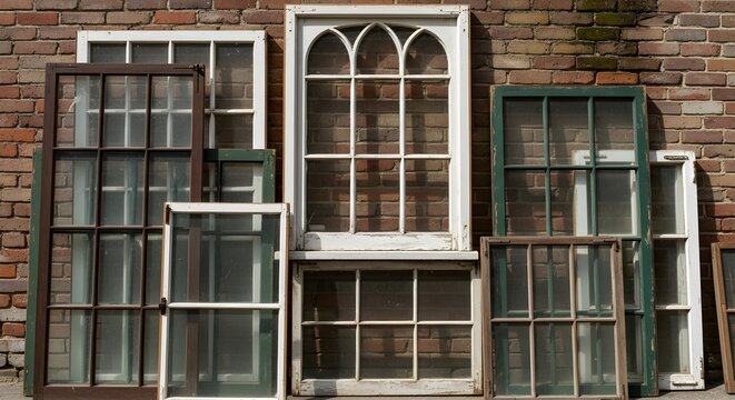 Collection of vintage window frames with old glass panes, arranged casually against a weathered brick wall, exuding rustic charm and architectural salvage appeal