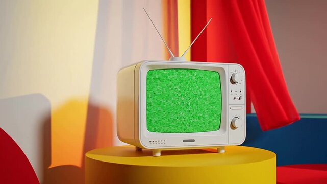 Retro White Television Displaying Green Static on a Colorful Background with Playful Interior D?cor Elements