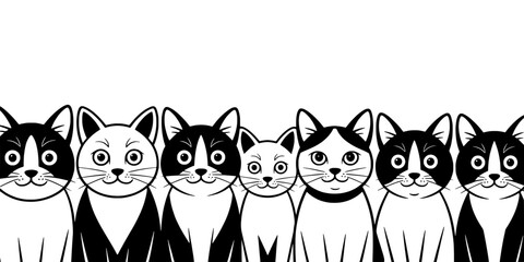 Obraz premium Cats Cartoon Parade with Cute Face Expressions and Bold Black-and-White Line Art for Stickers, Kids, and Greeting Designs