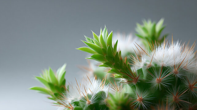 Spiky cactus needles and soft fuzzy areoles create contrasting texture on green succulent stems in close up botanical macro with gentle light