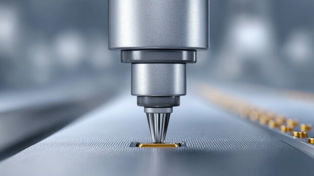 Precision Close-up of Industrial Nozzle on Metal Surface for Manufacturing and Engineering Applications in Modern Technology Environment