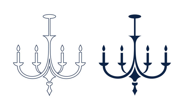 Chandelier icon in two styles outline and filled isolated on white background.