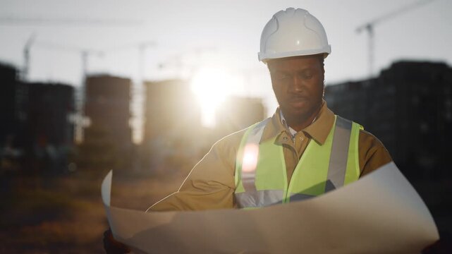 Portrait of professional engineer examining paper drawing, audit and inspection. Black builder with hard hat thinking about work in construction site, safety and protection, architect control project