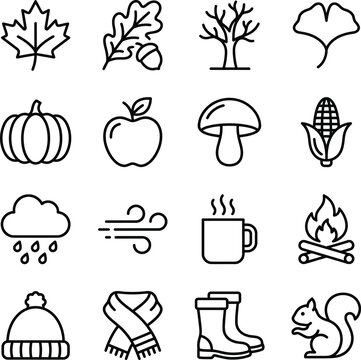 Autumn season icons with various objects and symbols in line art style