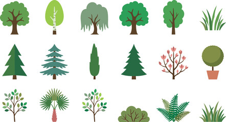 Flat green trees and plants vector collection featuring pine fir palm willow oak bushes fern grass tufts and potted topiary for landscape architecture design layouts © MdShakib