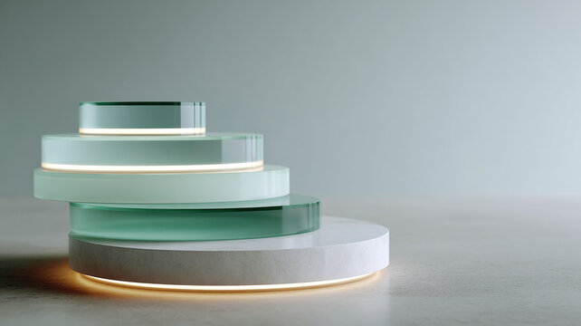 Stacked frosted glass discs with soft green tint and warm underglow creating minimalist layered display scene, calm ambient lighting and modern