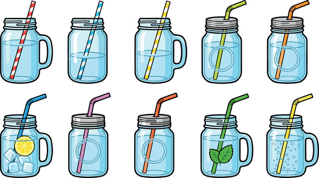 Glass mason jar mugs vector set featuring clear cocktail glasses with metal lids colorful drinking straws lemon slices ice cubes mint leaves and refreshing water bubbles