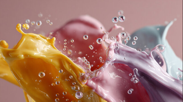 Thick pastel slime being slowly pulled apart with glossy droplets and soft pink yellow purple textures, playful tactile motion and creamy fluid