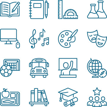 Education learning icons set with school and teaching symbols  various subjects and activities