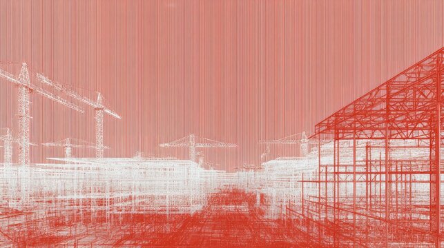 Abstract Construction Site with Red Tones and Linear Design Elements Depicting Cranes and Structural Frameworks