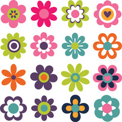 Naklejka premium Retro flower power pattern colorful 1960s style floral design elements