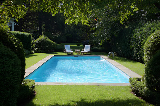 A serene outdoor scene a rectangular pool framed by lush green hedges and manicured lawn. Two lounge chairs invite relaxation