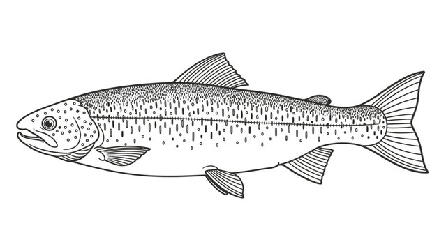 Detailed line art illustration of a trout fish precise shading and texture for wildlife and fishing themes.