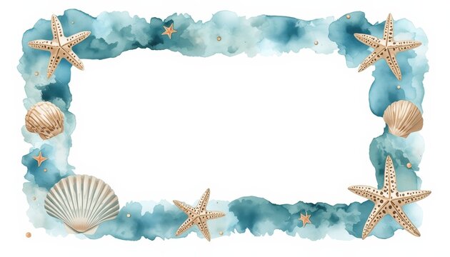 There is a picture of a frame with shells and starfishs on it